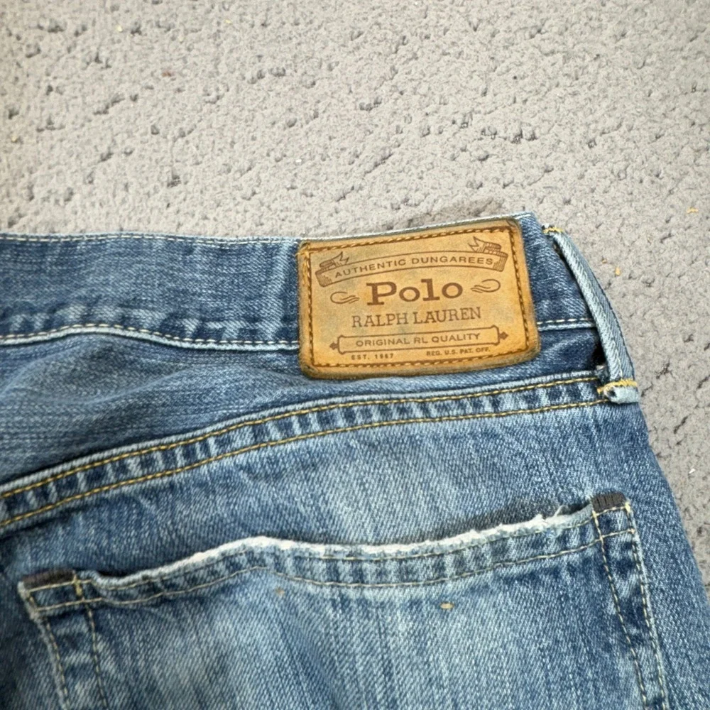 Polo Ralph Lauren Jeans Mens 36x32 Blue Distressed Straight Leg RL Logo Denim